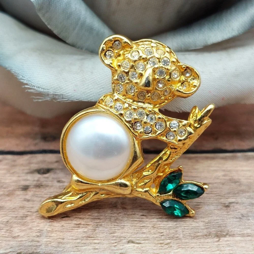 Figural Faux Pearl Koala Bear Brooch Gold Tone Rhinestone Accents 1.5